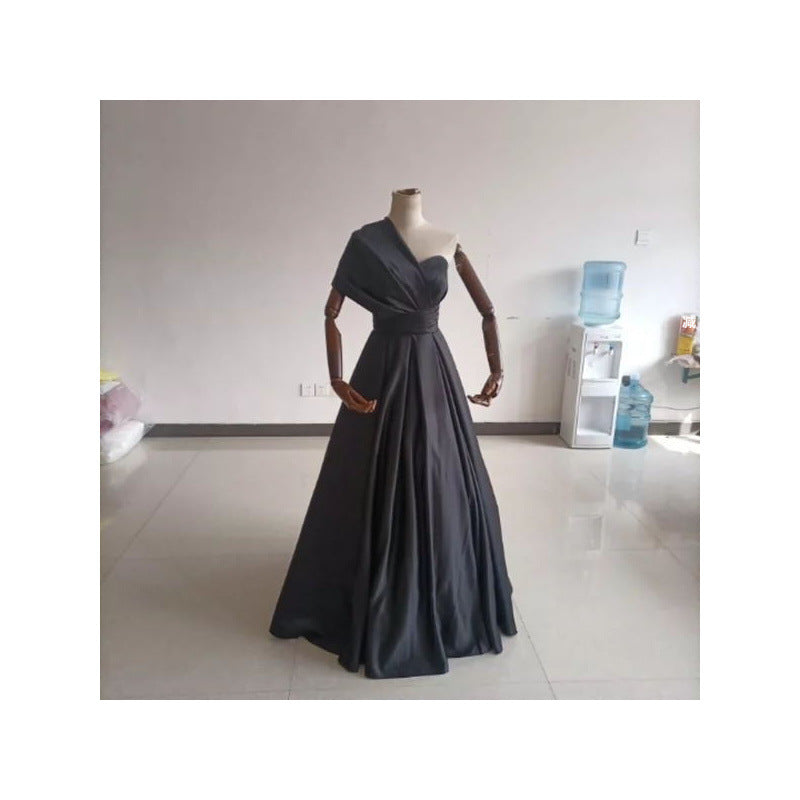 Black Satin One-Shoulder Bridesmaid Dress