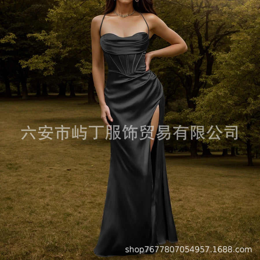 Black Satin Spaghetti Strap Bridesmaid Dress