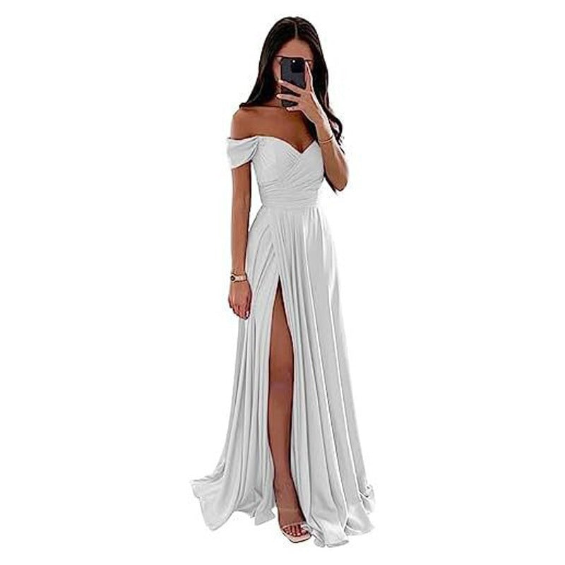 Satin Off-Shoulder Slit Bridesmaid Dress