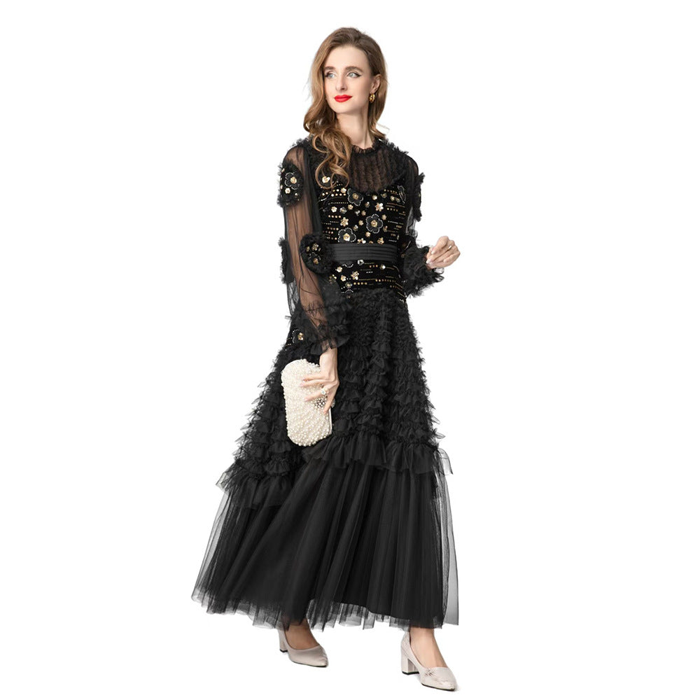 Black Tulle Long Sleeve Long Prom Dress