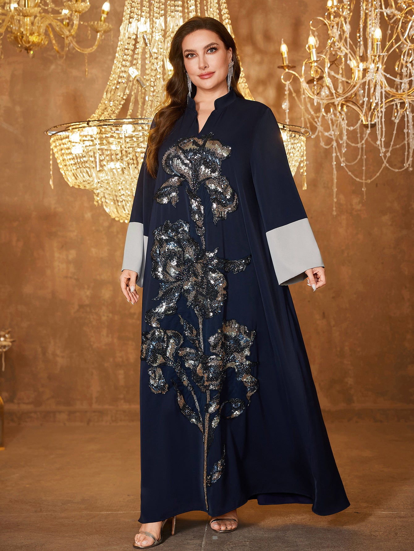 Navy Satin V-Neck Plus Size Formal Dress