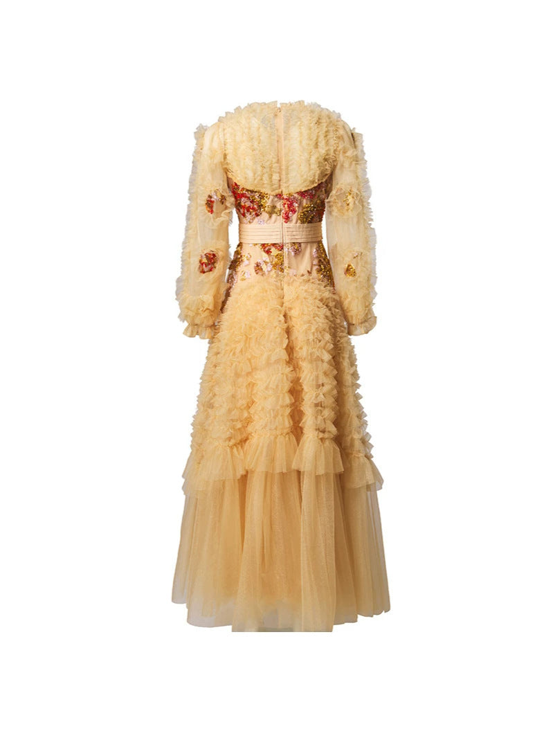 Champagne Tulle Sequin Long Prom Dress