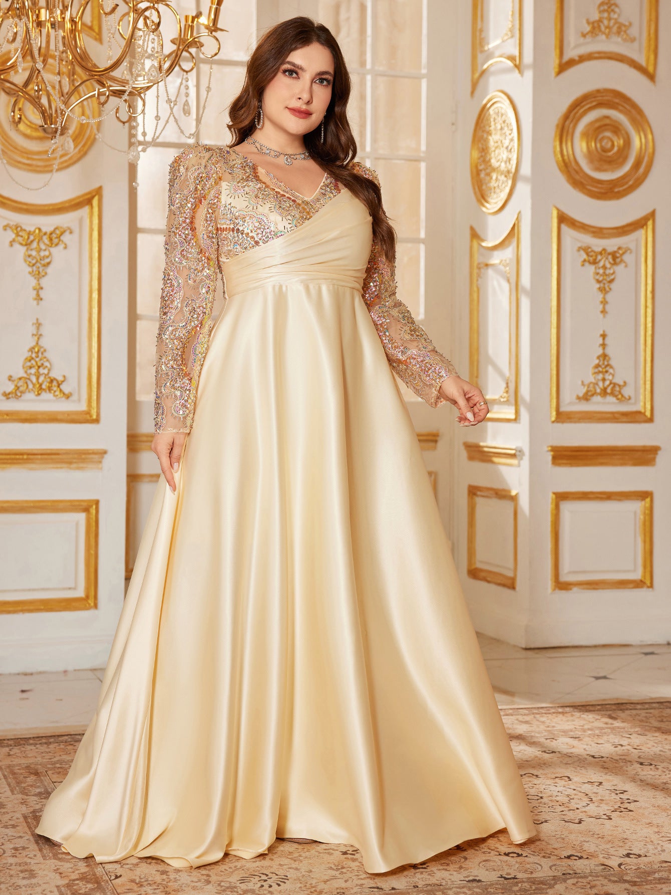Apricot V-Neck Long Sleeve Plus Size Formal Dress