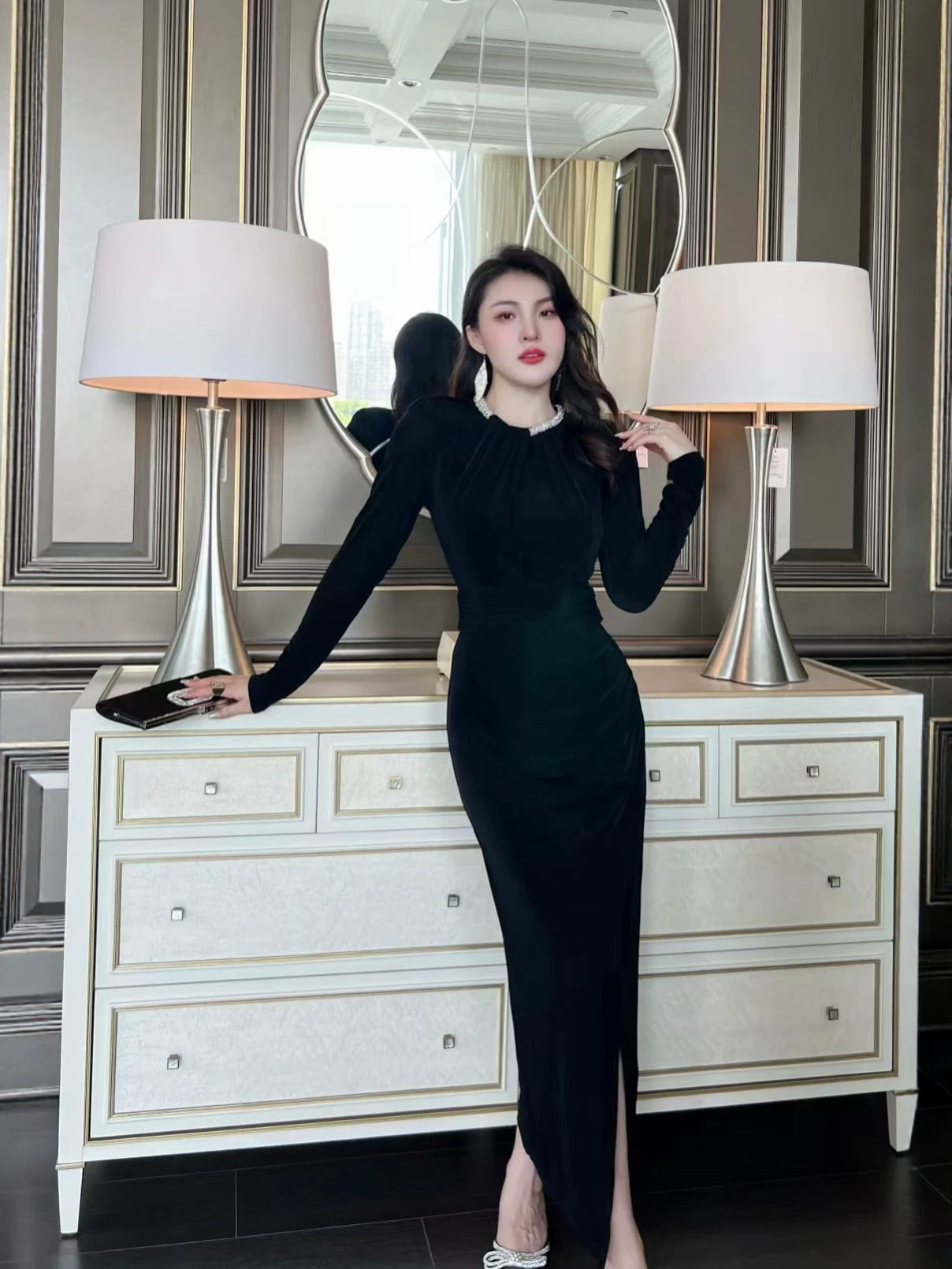 Black Knit Round Neck Long Prom Dress