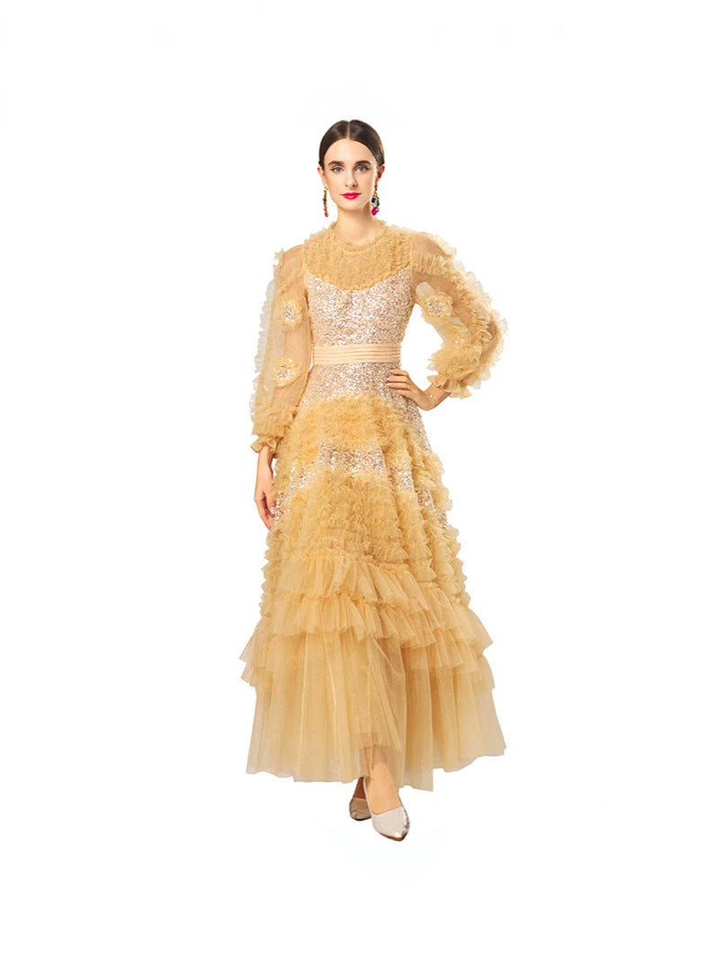 Champagne Tulle Sequin Long Prom Dress
