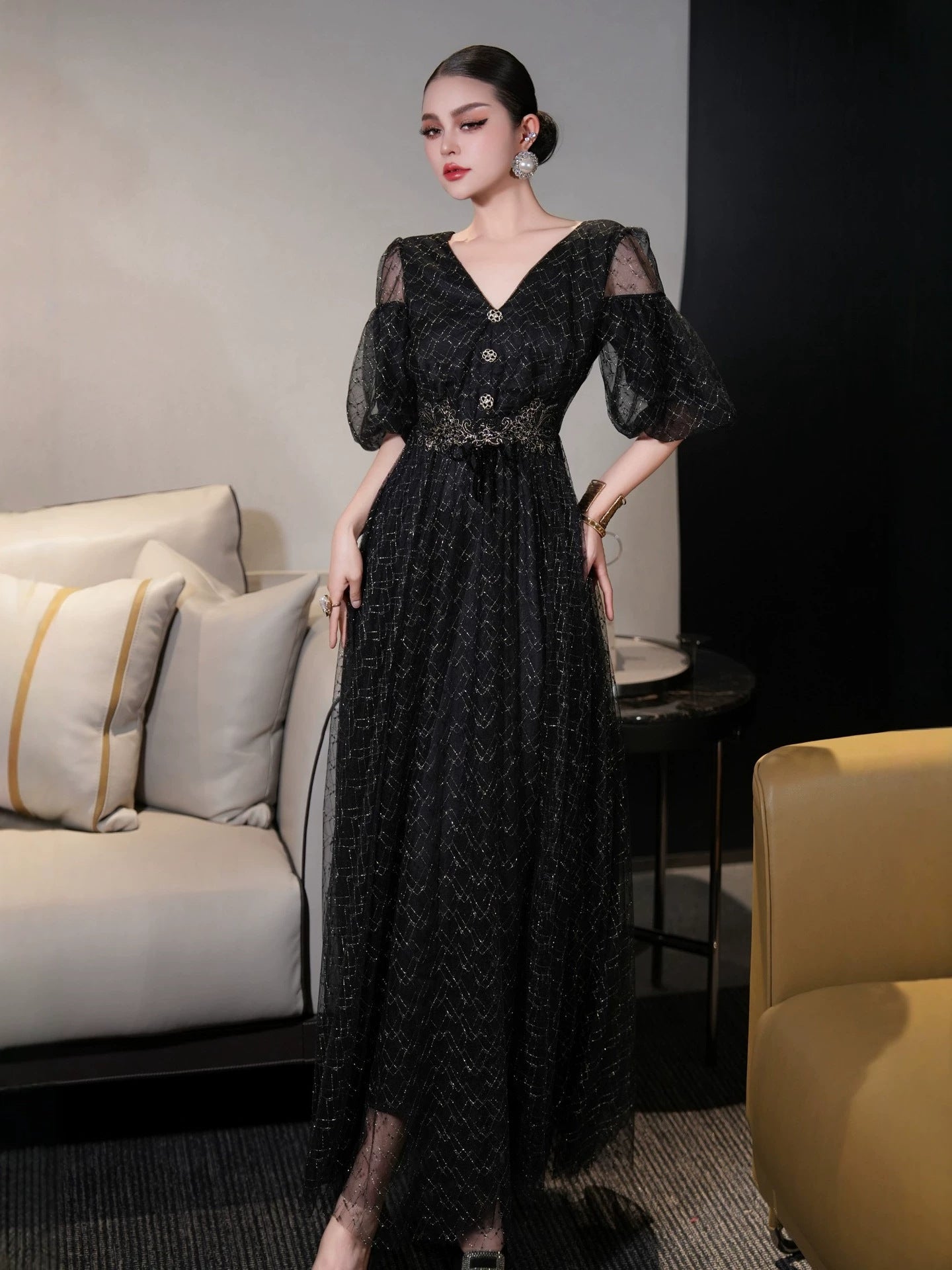 Black Tulle V-Neck Plus Size Formal Dress