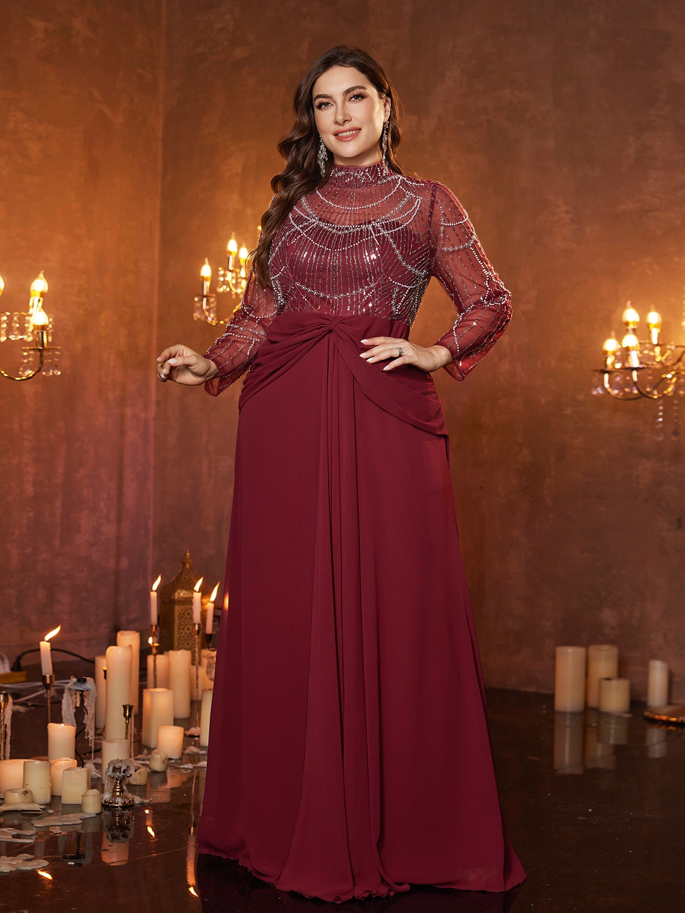Burgundy Tulle Chiffon Plus Size Formal Dress