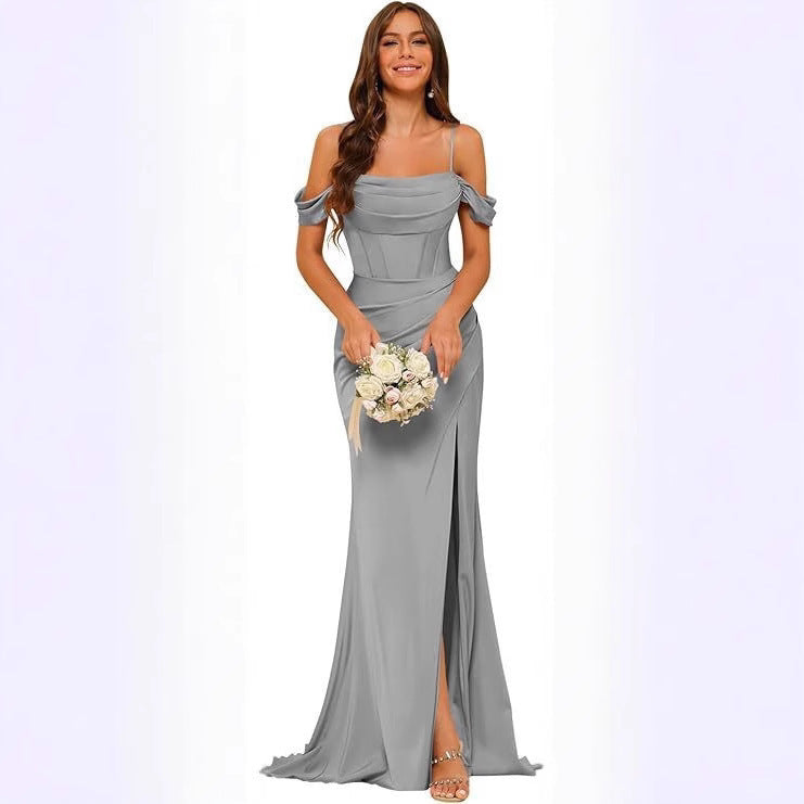 Satin Off-Shoulder Corset Slit Bridesmaid Dress