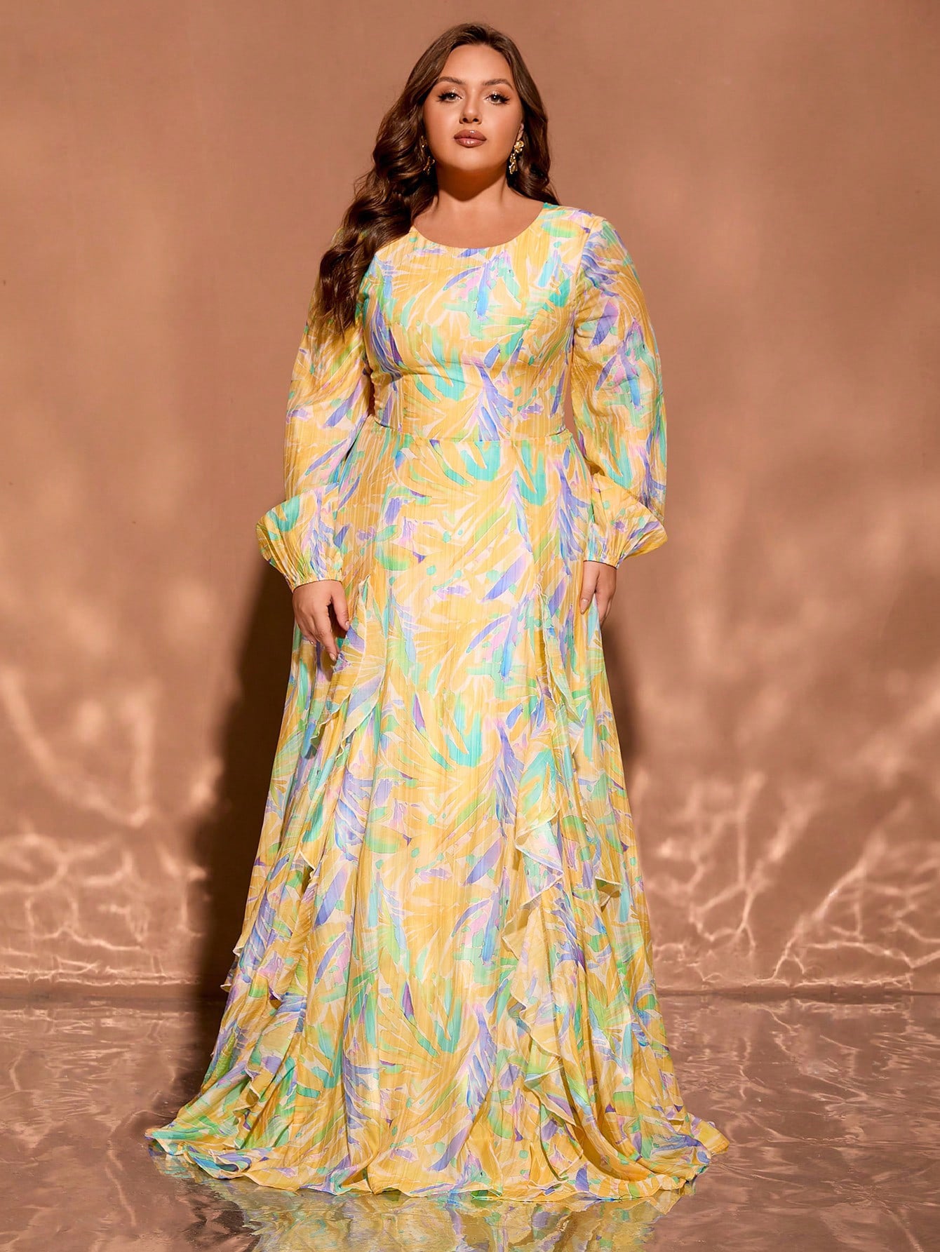 Yellow Round Neck Long Sleeve Plus Size Formal Dress