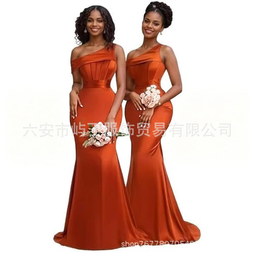 Caramel Satin One-Shoulder Bridesmaid Dress