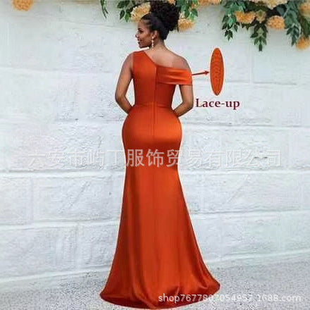 Caramel Satin One-Shoulder Bridesmaid Dress