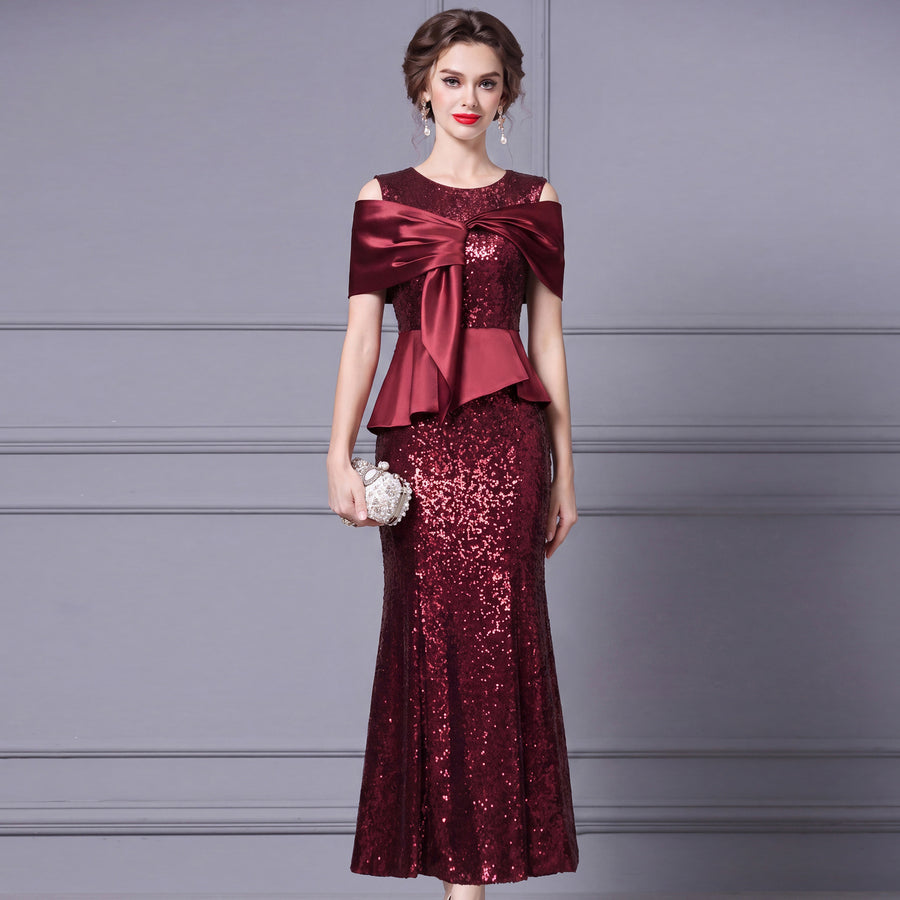 Burgundy Off-Shoulder Sequin Long Prom Dress