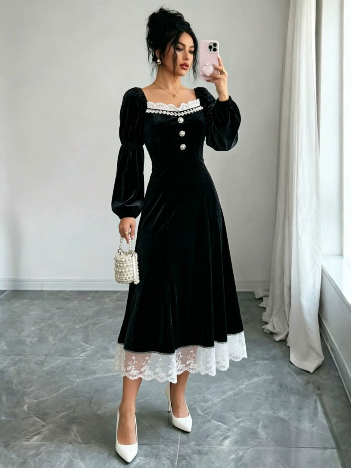 Black Velvet Long Sleeve Long Prom Dress