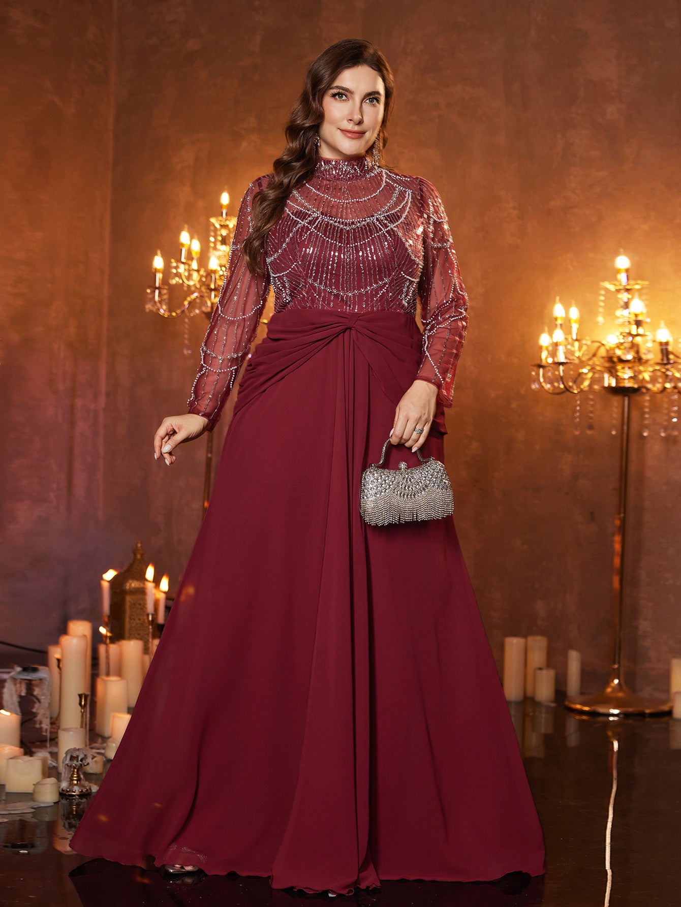 Burgundy Tulle Chiffon Plus Size Formal Dress