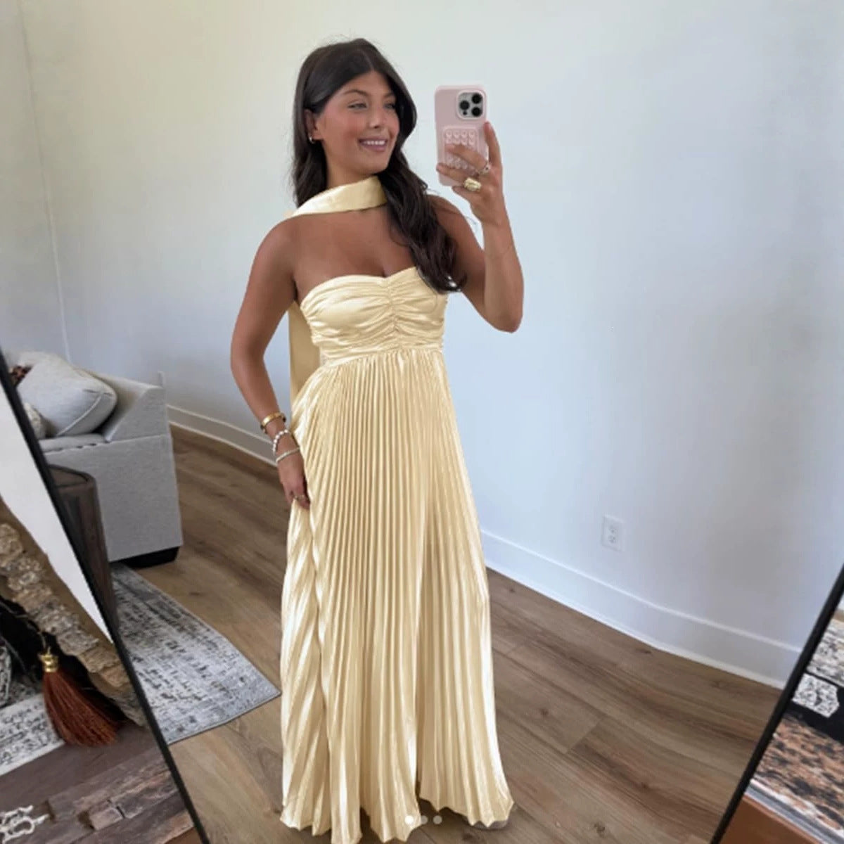 Champagne Satin Ruched Bridesmaid Dress