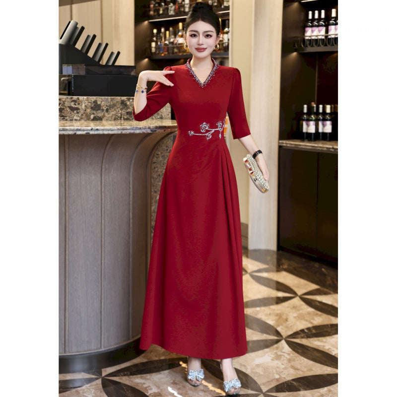 Red Beaded Embroidered Long Prom Dress