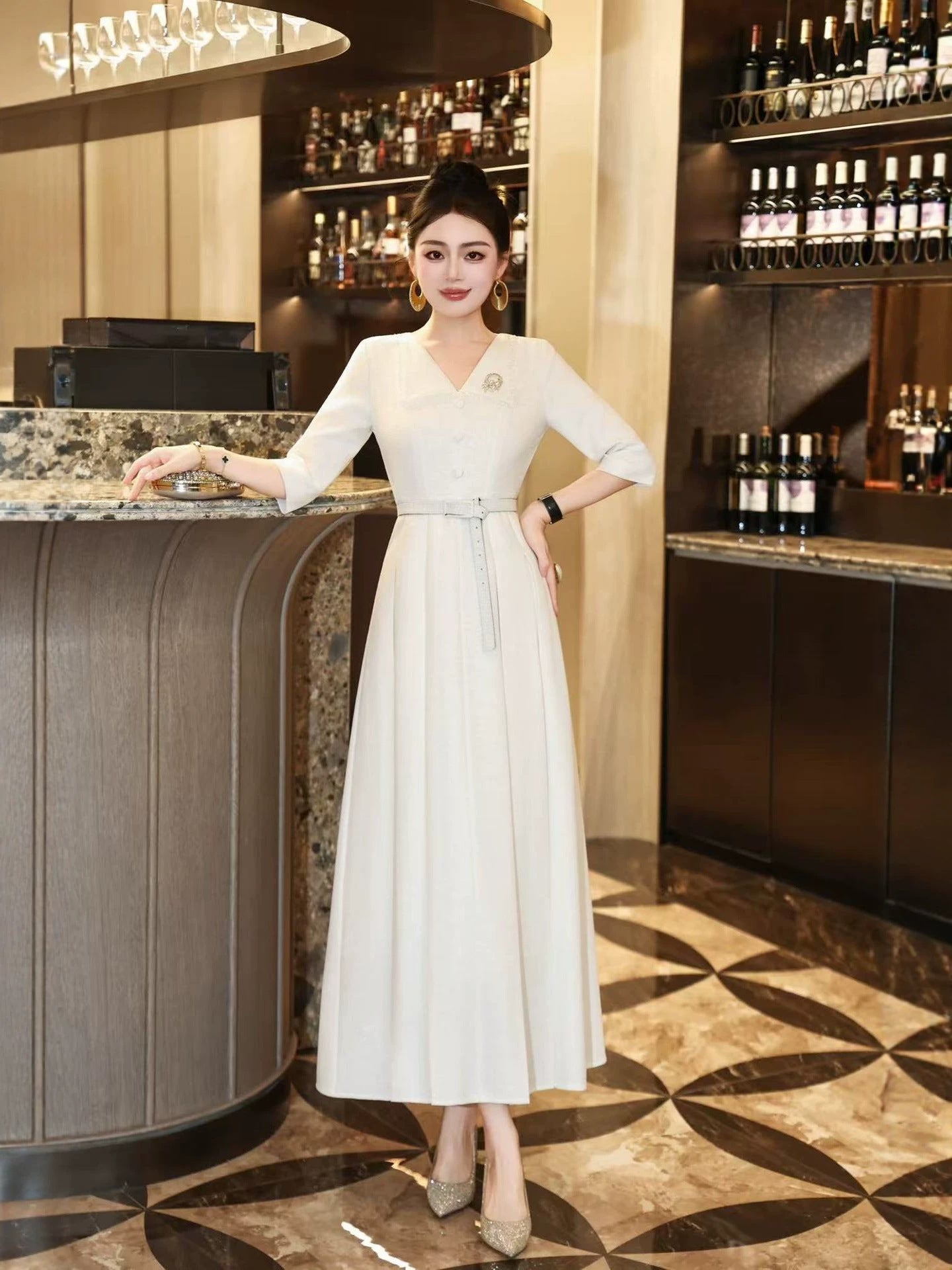 White V-Neck Ball Gown Long Prom Dress