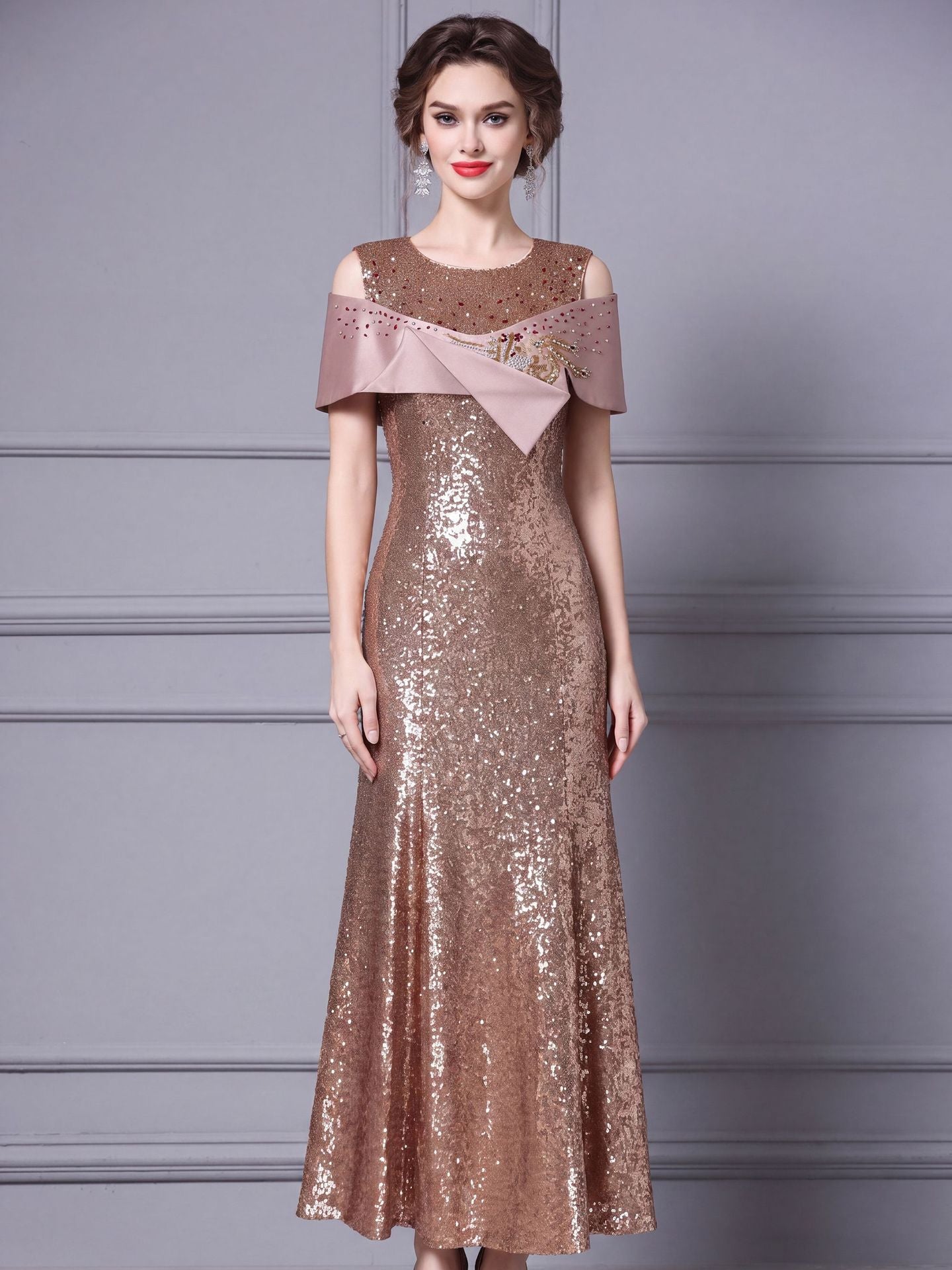 Burgundy Sequin Long Prom Dress