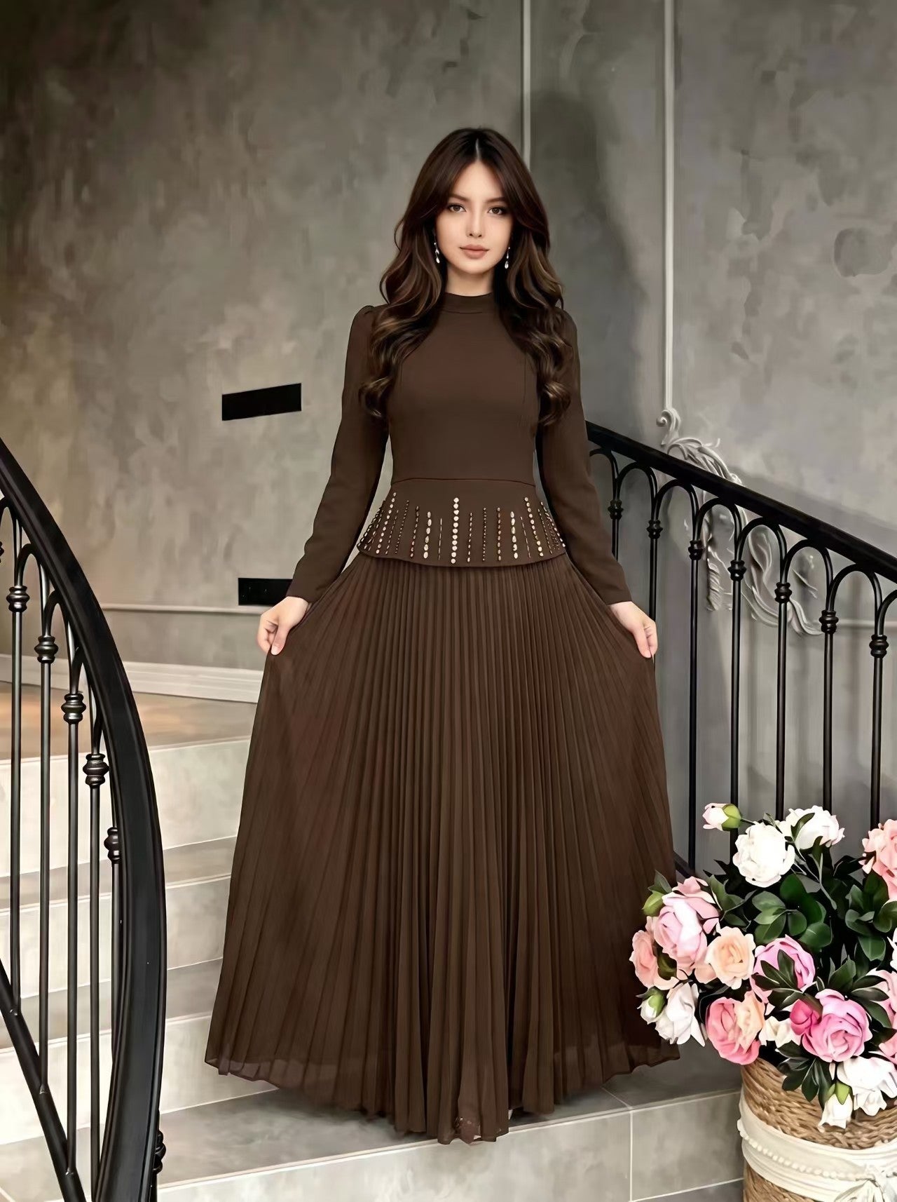 Burgundy Long Sleeve Rhinestone Long Prom Dress