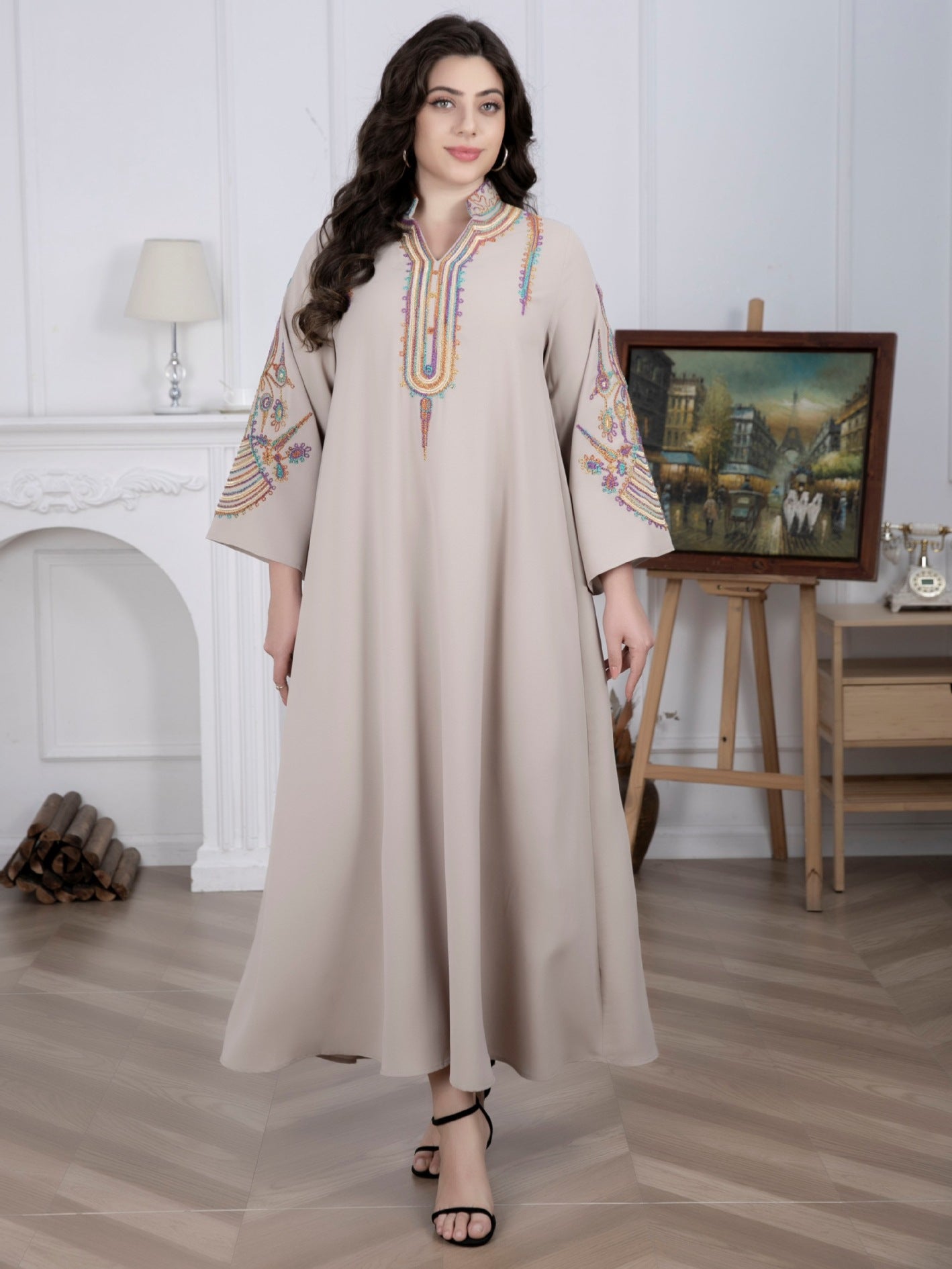Khaki Embroidered Long Prom Dress