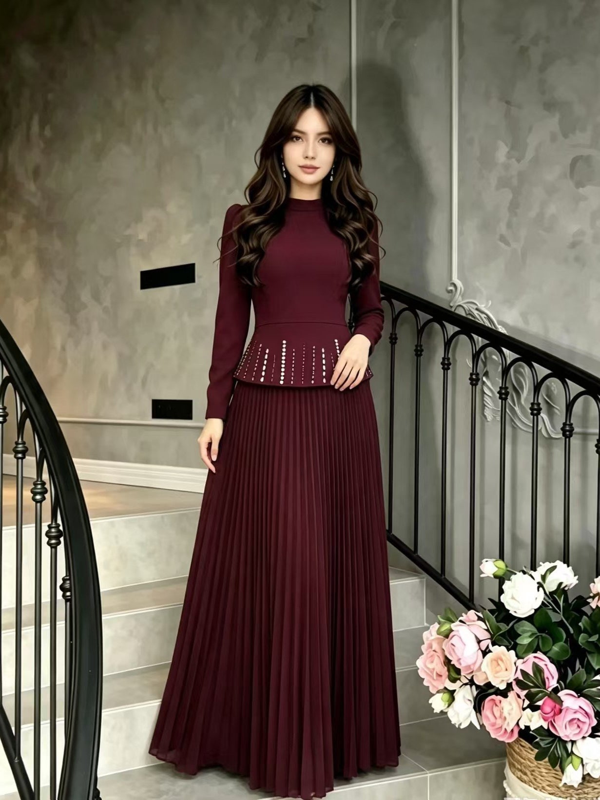 Burgundy Long Sleeve Rhinestone Long Prom Dress