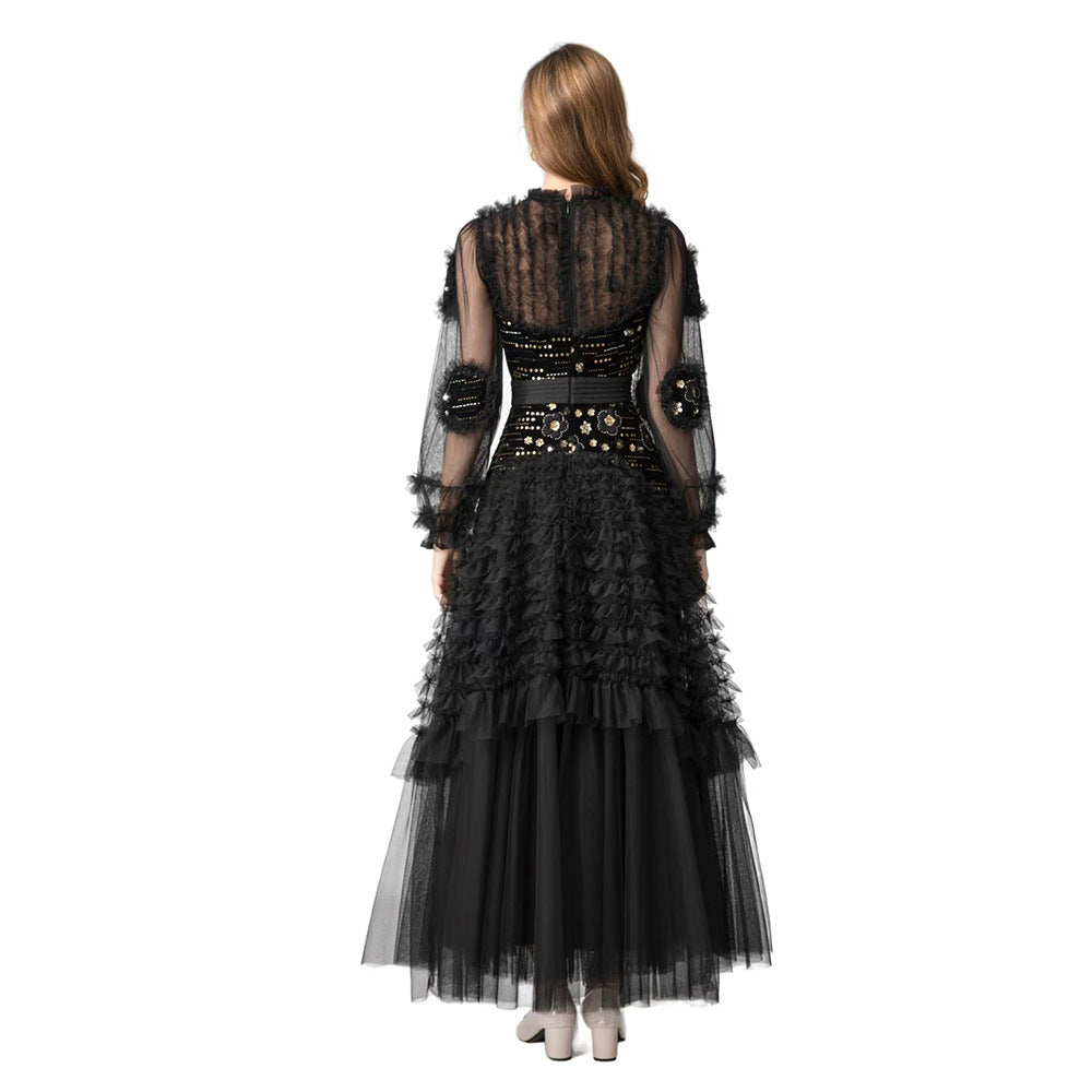 Black Tulle Long Sleeve Long Prom Dress