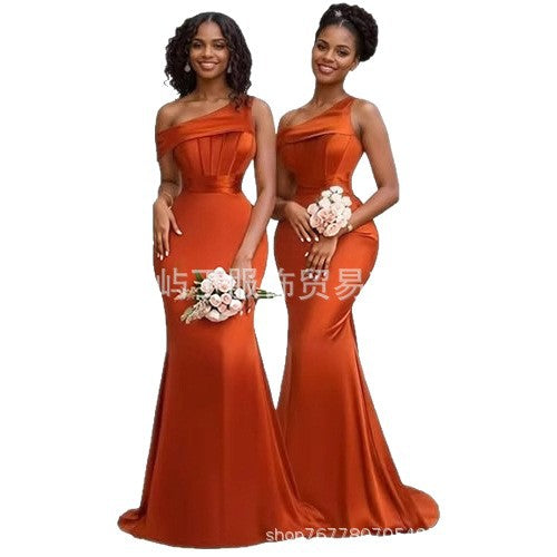 Caramel Satin One-Shoulder Bridesmaid Dress