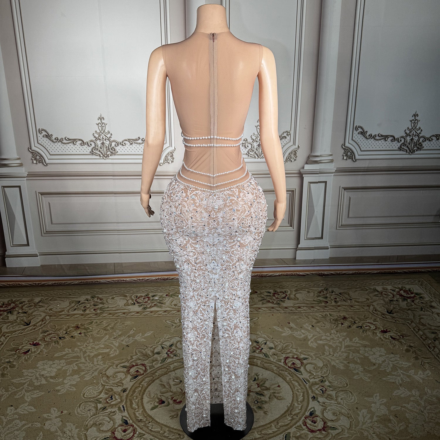 White Rhinestone Pearl Wedding Guest Dress