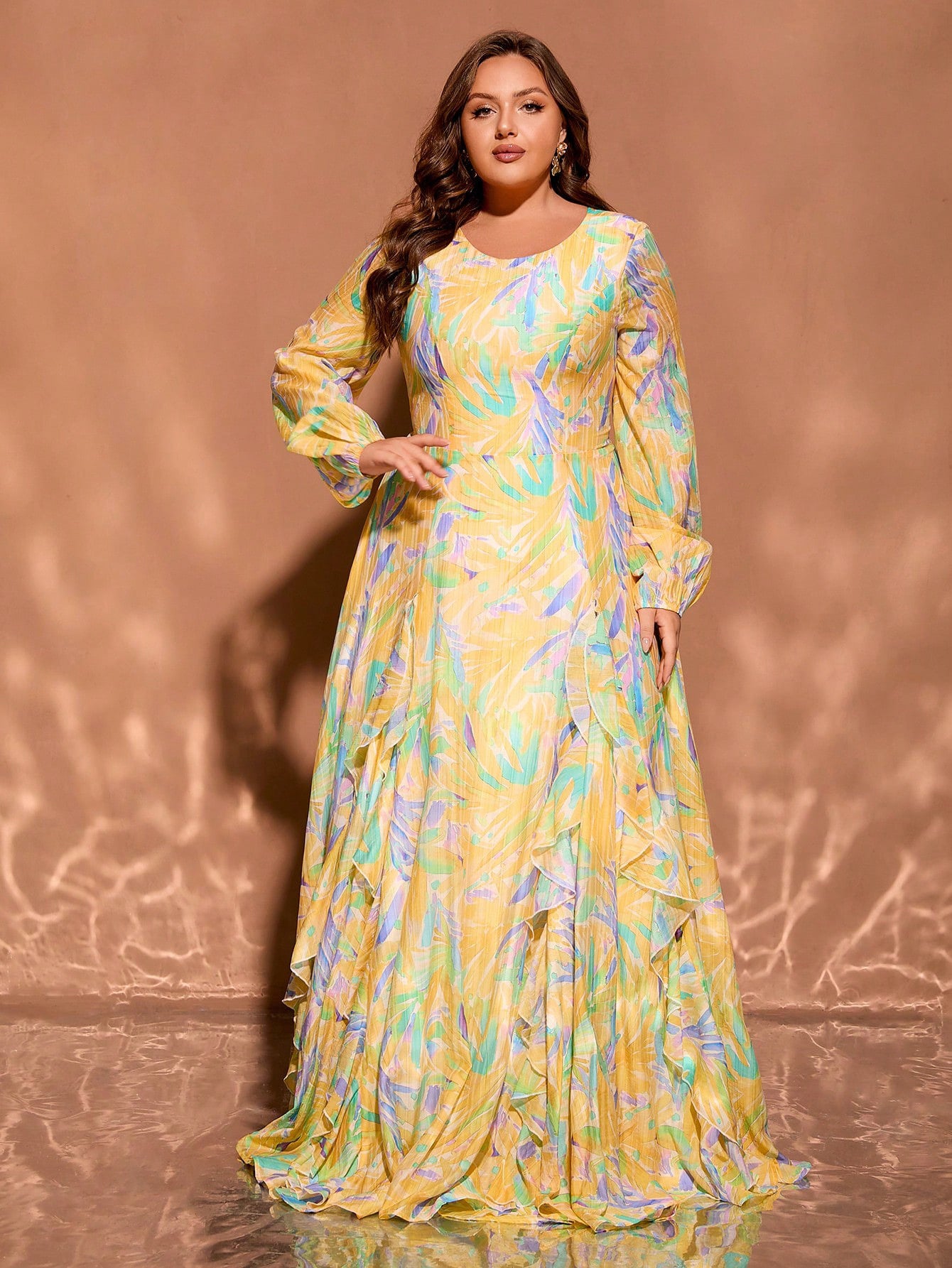 Yellow Round Neck Long Sleeve Plus Size Formal Dress