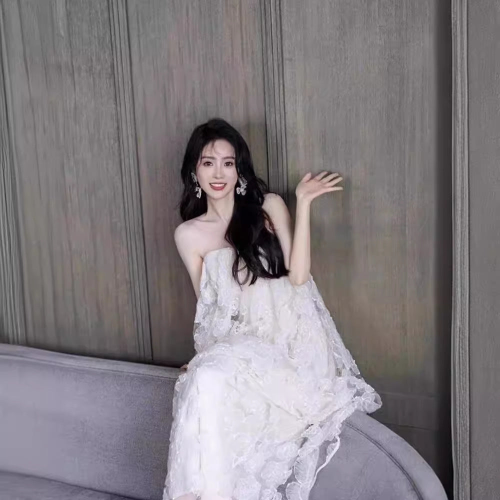 White Lace Strapless Bridesmaid Dress