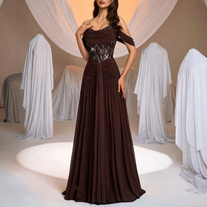 Mocha Satin Spaghetti Strap Bridesmaid Dress