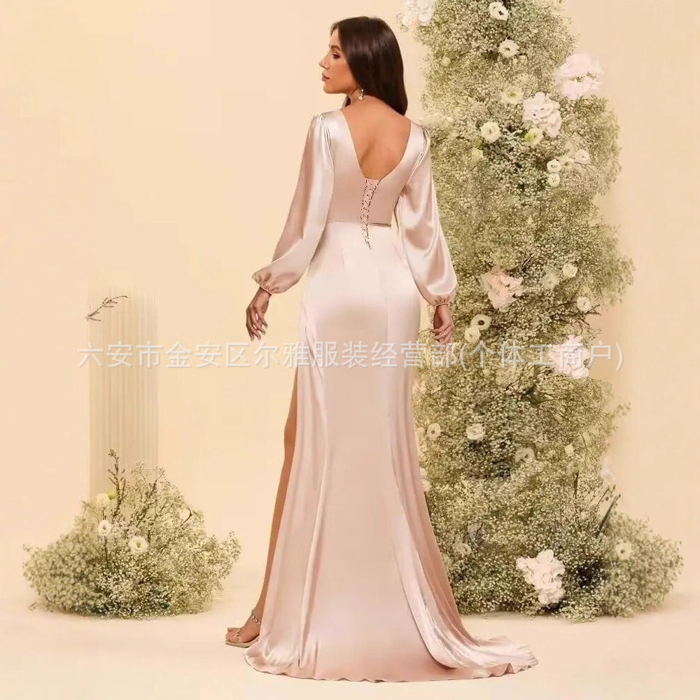 Satin V-Neck Slit Bridesmaid Dress