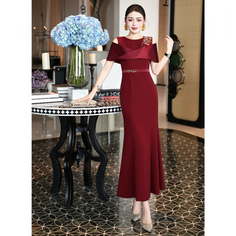 Burgundy Rhinestone Long Prom Dress