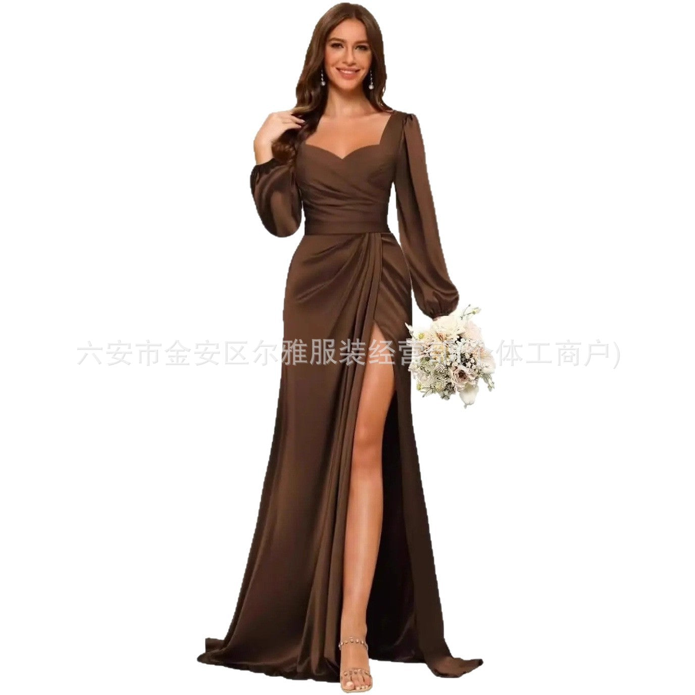 Satin V-Neck Slit Bridesmaid Dress