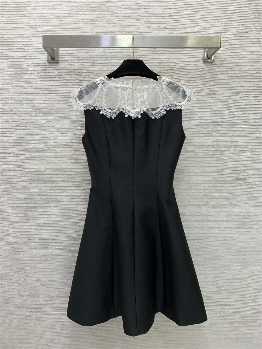 Black Satin Lace Short Homecoming Dress