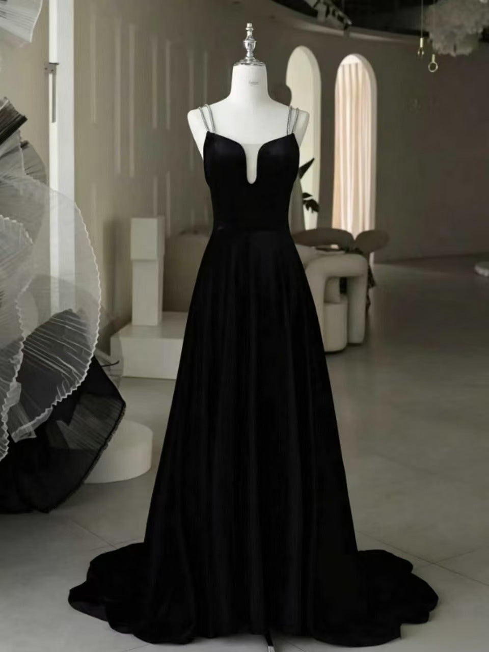 Black Satin V-Neck Bridesmaid Dress