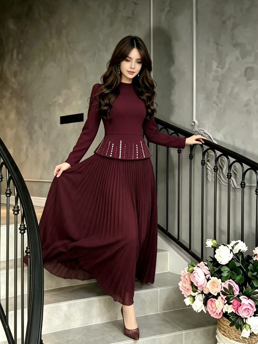 Burgundy Long Sleeve Rhinestone Long Prom Dress