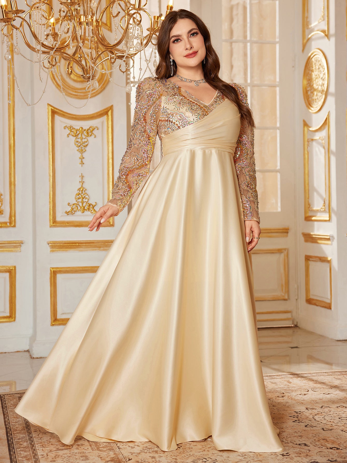 Apricot V-Neck Long Sleeve Plus Size Formal Dress