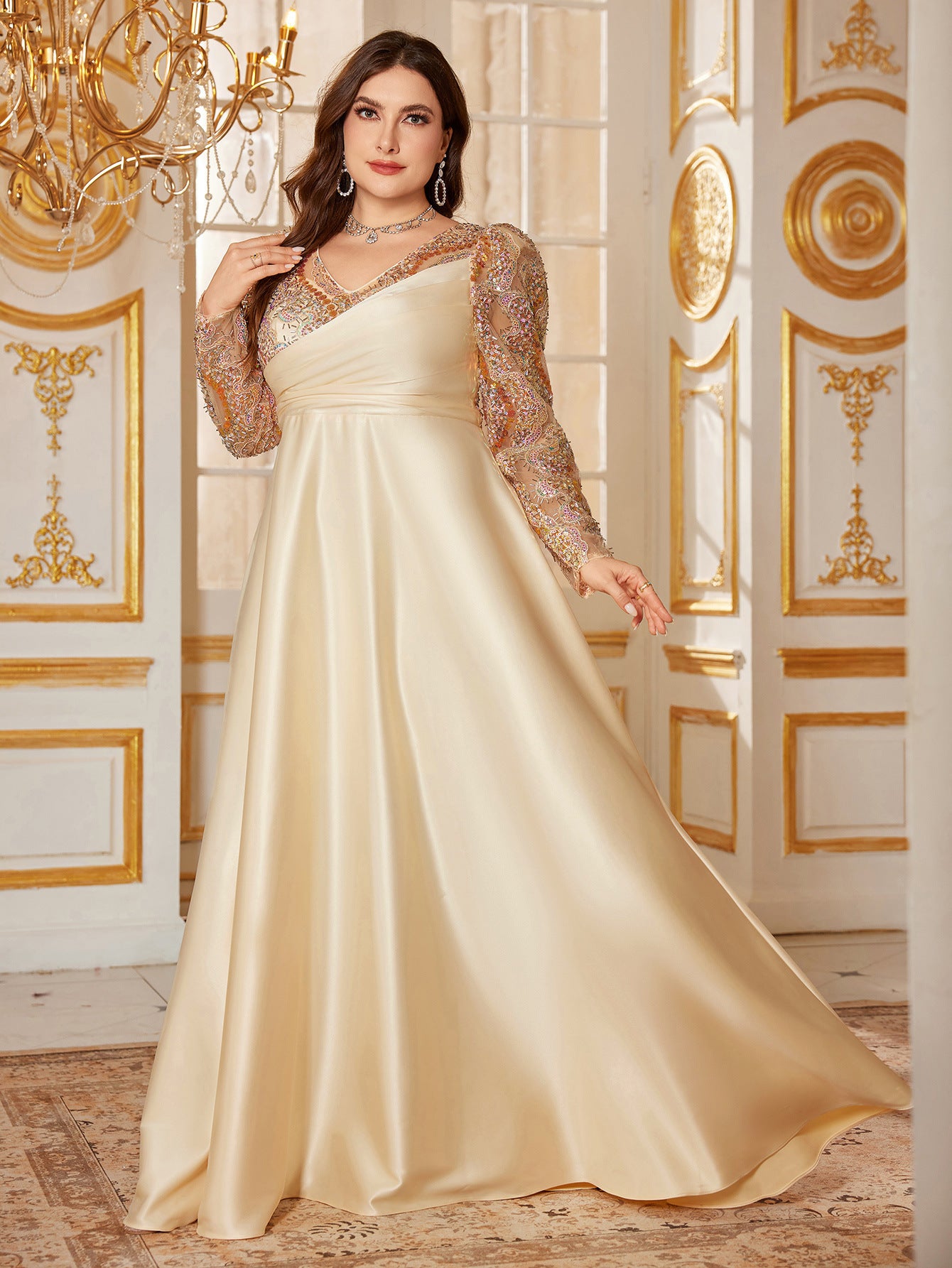 Apricot V-Neck Long Sleeve Plus Size Formal Dress