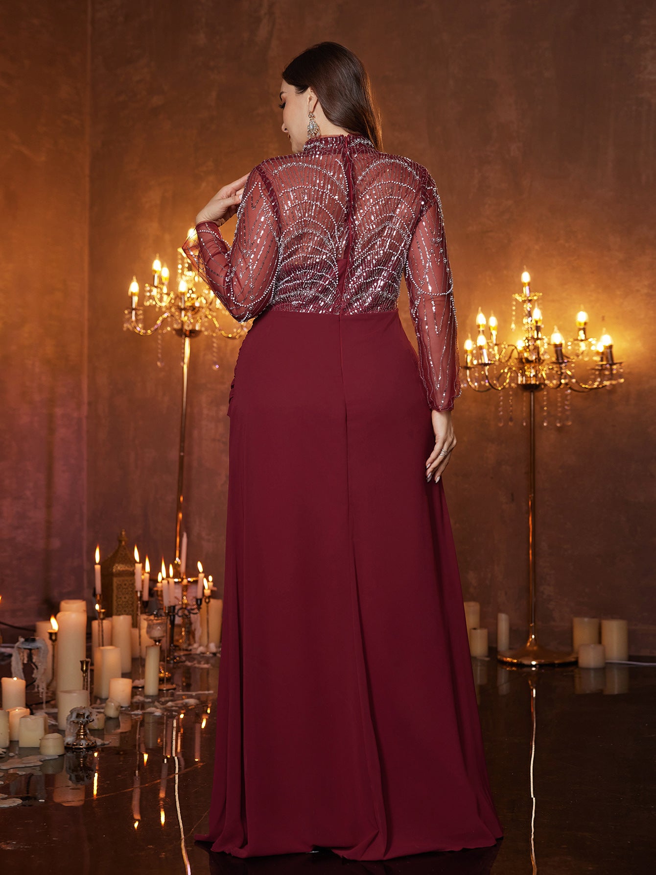 Burgundy Tulle Chiffon Plus Size Formal Dress