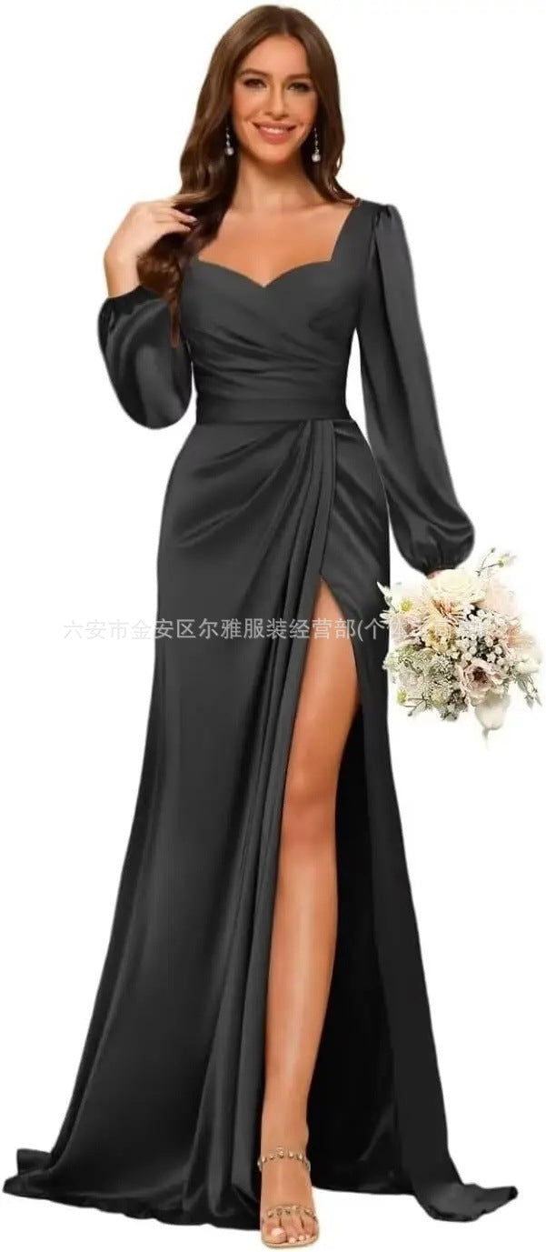 Satin V-Neck Slit Bridesmaid Dress