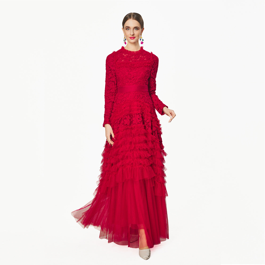 Red Round Neck Ball Gown Plus Size Formal Dress
