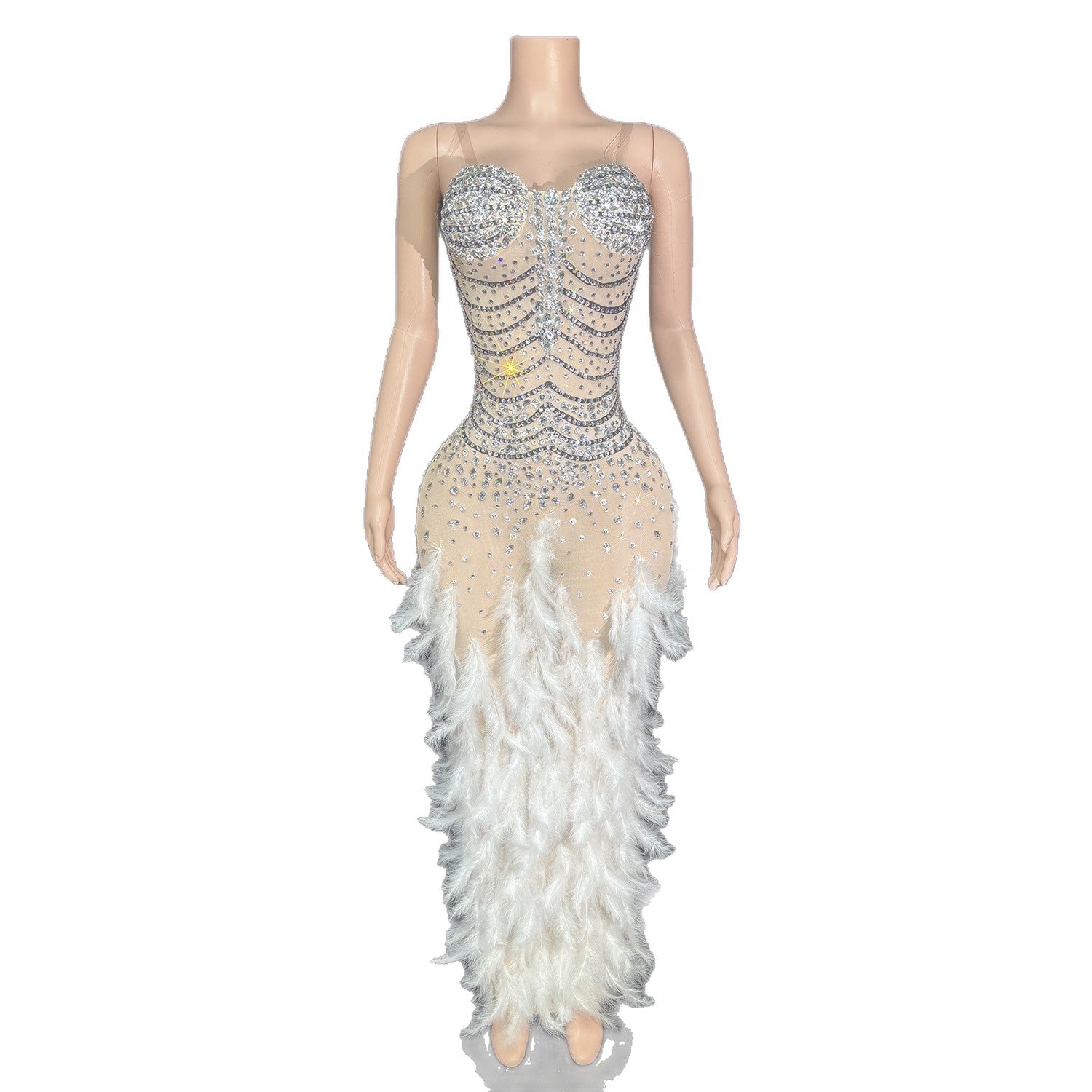 White Rhinestone Feather Wedding Guest Dress