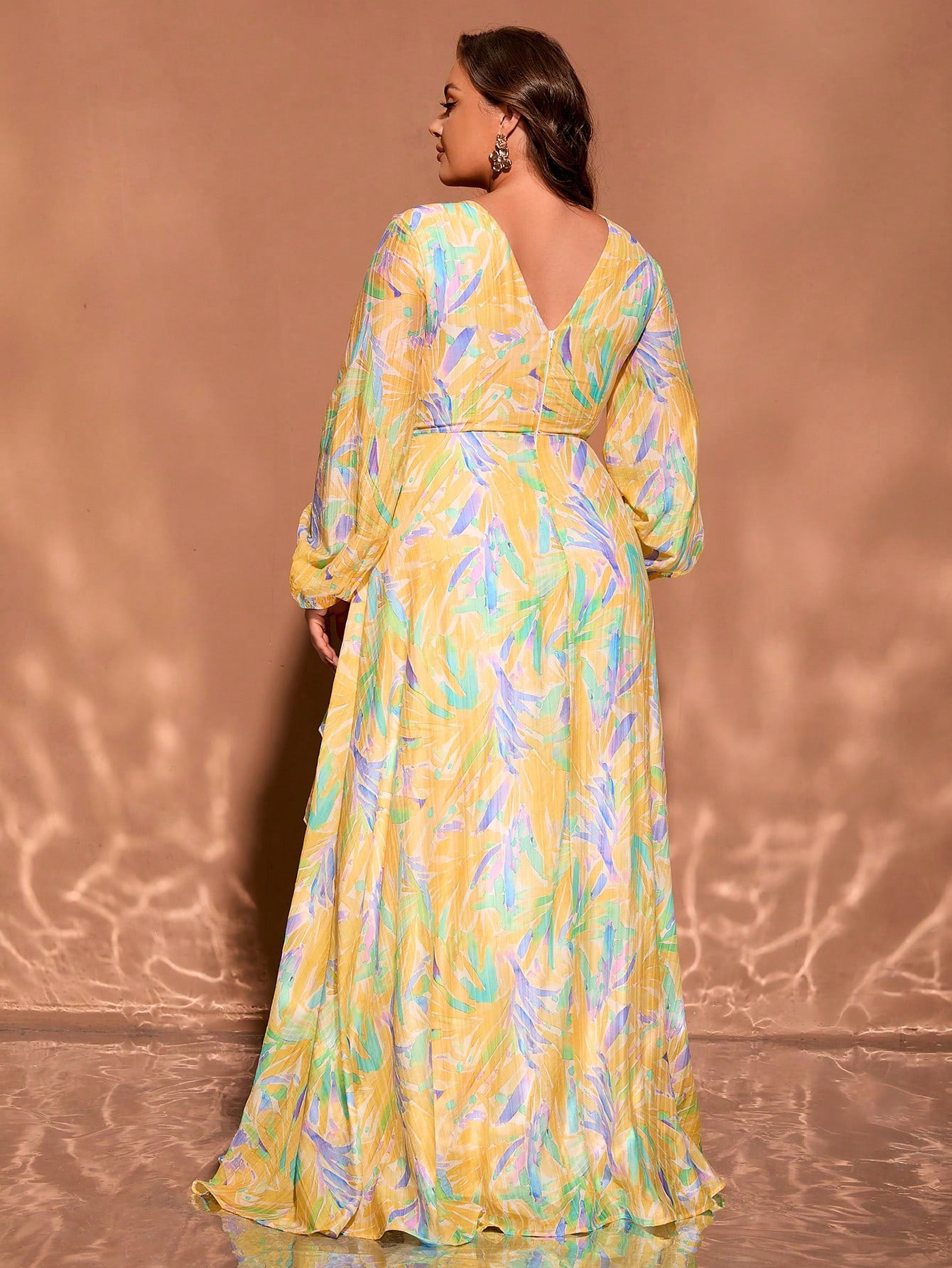 Yellow Round Neck Long Sleeve Plus Size Formal Dress