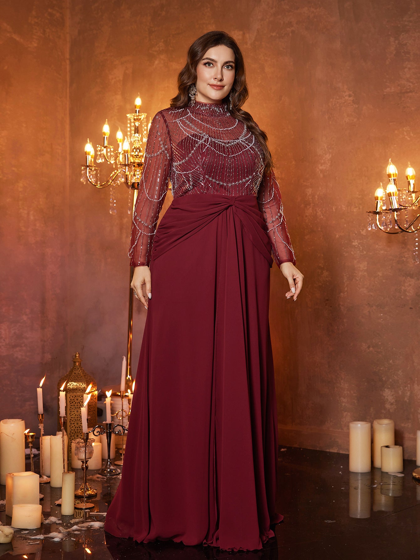 Burgundy Tulle Chiffon Plus Size Formal Dress
