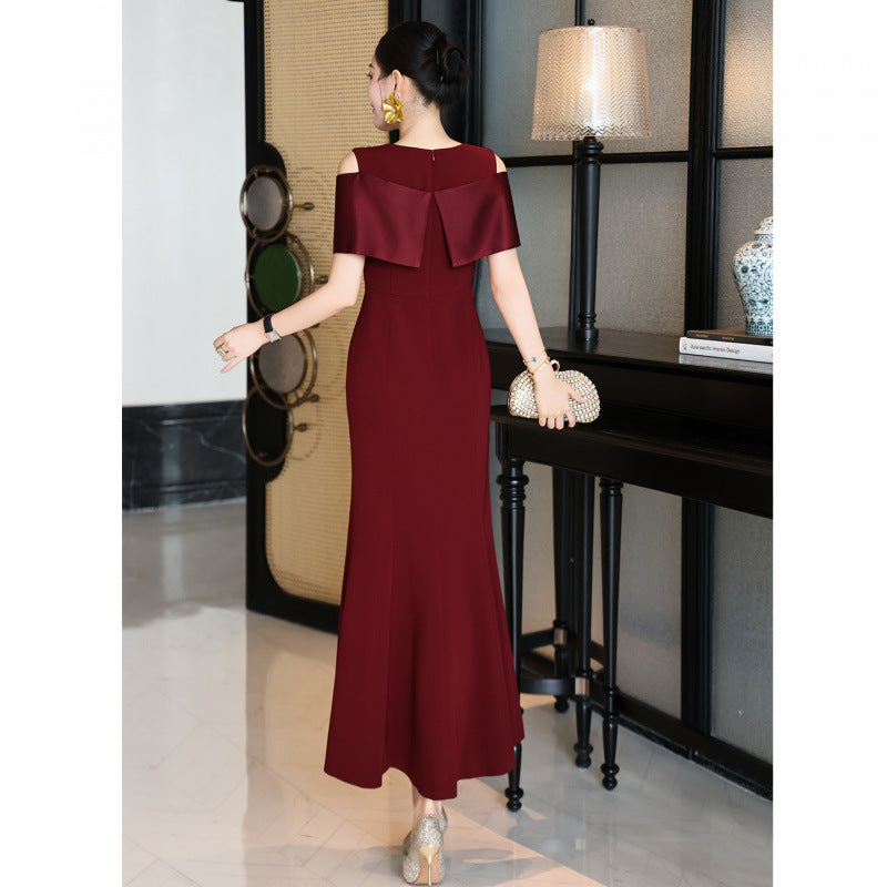 Burgundy Rhinestone Long Prom Dress