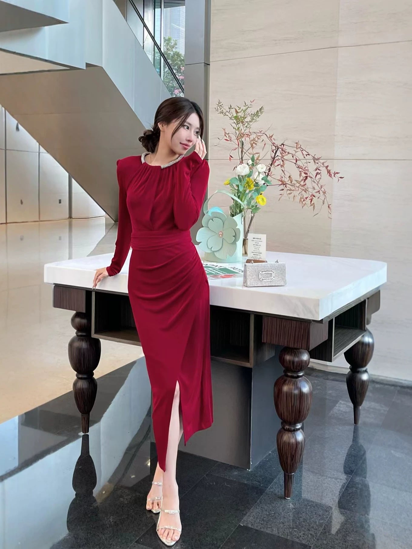 Black Knit Round Neck Long Prom Dress