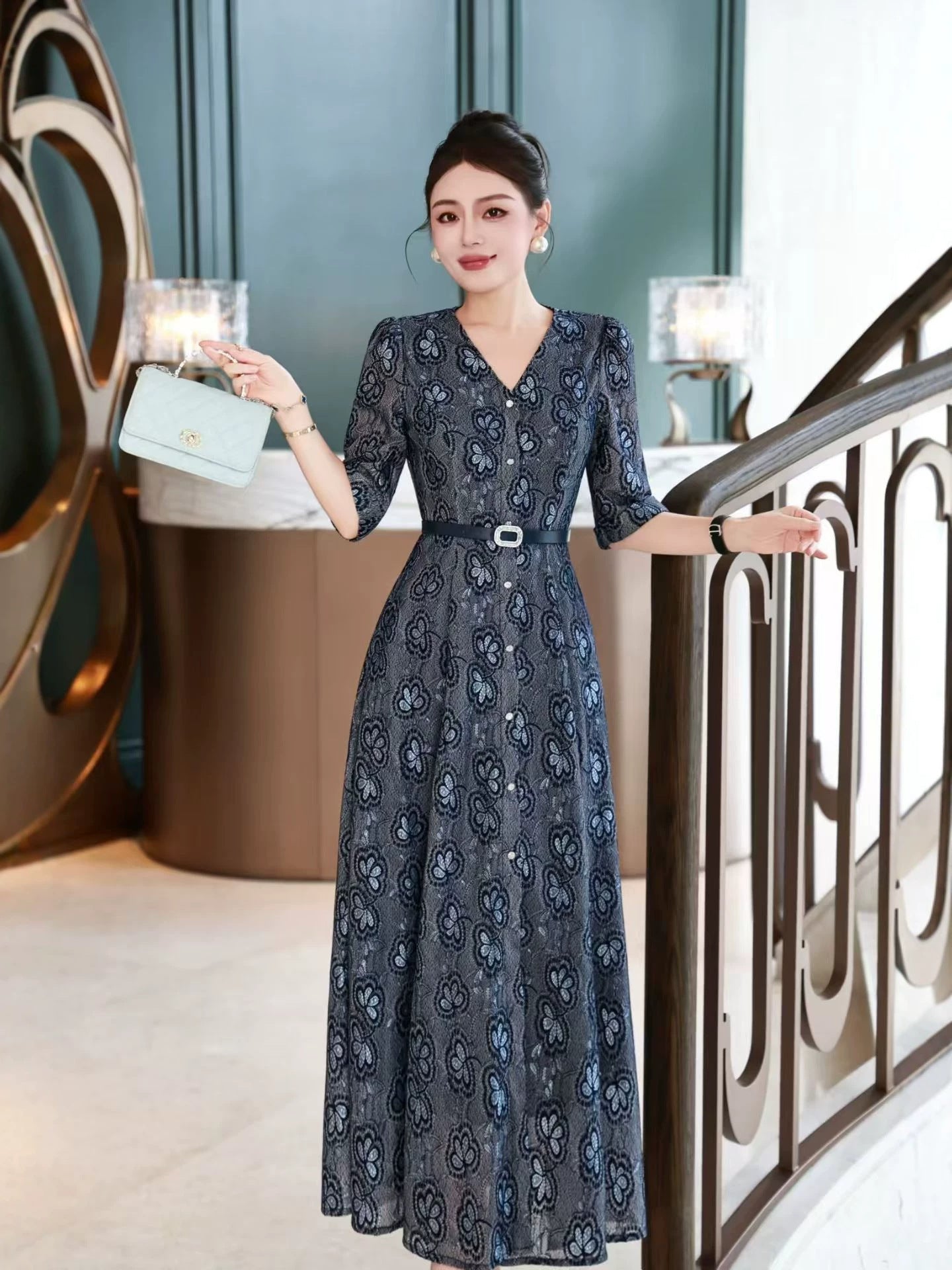 Navy V-Neck Ball Gown Long Prom Dress