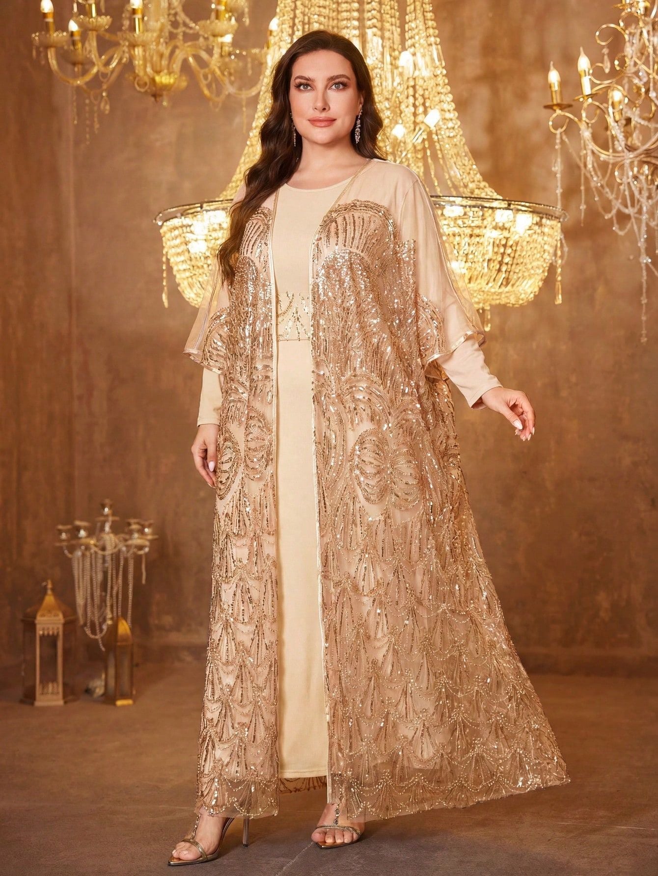 Champagne Sequin Embroidered Plus Size Formal Dress