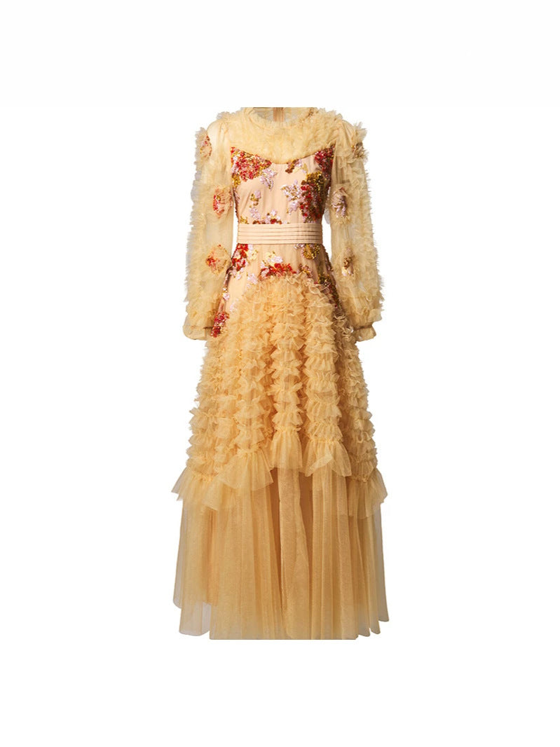 Champagne Tulle Sequin Long Prom Dress
